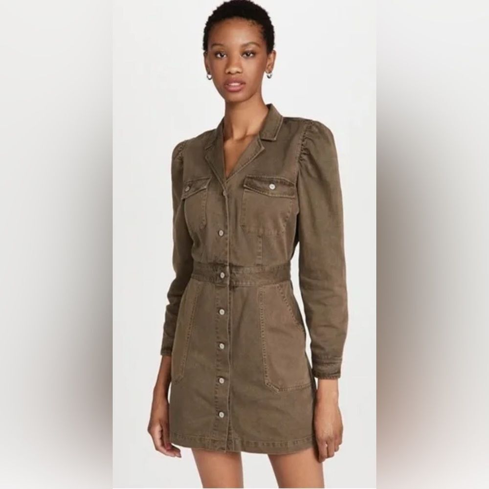 Rails Lisette Denim Twill Mini Dress Button Up Puff Sleeve Moss XS